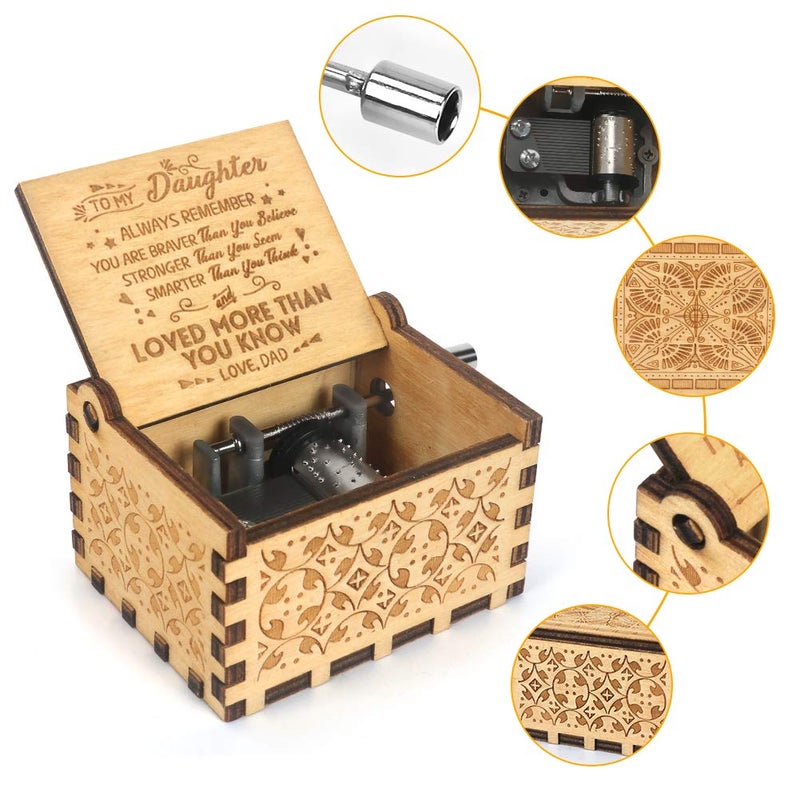 BOOB Music Box Hand Crank Engraved Musical Box-You are My Sunshine Mechanism Antique Vintage Gift to My daughter from Dad(You are braver than) for birthday graduation Christmas gift - Image 2